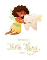 International Welt Urlaub Zahn Fee Tag. kindisch Karikatur Vektor Banner oder Poster. süß magisch Mädchen Prinzessin mit Flügel umarmen ein Zahn.