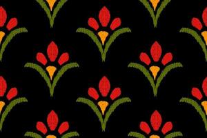 Ikat nahtlos Blumen- Muster, traditionell nahtlos Muster, schwarz Hintergrund, aztekisch Stil, Stickerei, abstrakt, Vektor, Design Illustration zum Textur, Stoff, drucken. vektor