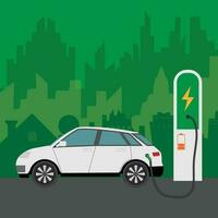 ev Auto oder elektrisch Auto beim Laden Bahnhof. Konzept Illustration zum Grün Umfeld. Landung Seite im eben Stil. Vektor eps 10.