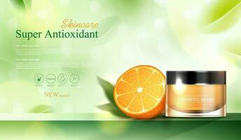 Kosmetika Vitamin c oder Haut Pflege Produkt Anzeigen mit Flasche, realistisch Paket Attrappe, Lehrmodell, Simulation. Banner Anzeige zum Schönheit Produkte und Orange Hintergrund. Vektor Design.