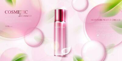 Kosmetika oder Haut Pflege Produkt Anzeigen mit Flasche im oben Sicht, Banner Anzeige zum Schönheit Produkte, Rosa Farbe Hintergrund mit Blätter. Vektor Design.