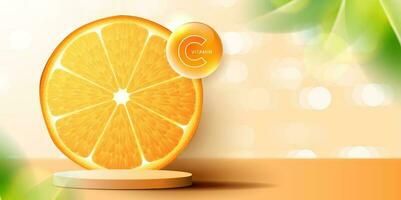 Kosmetika Vitamin c oder Haut Pflege Produkt Anzeigen mit Flasche, realistisch Paket Attrappe, Lehrmodell, Simulation. Banner Anzeige zum Schönheit Produkte und Orange Hintergrund. Vektor Design.