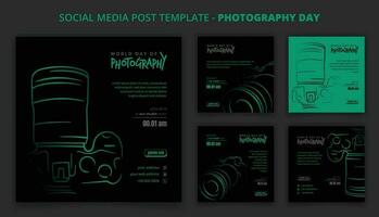 svart grön social media posta mall med linje konst av kamera design för fotografi dag kampanj vektor