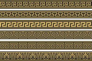 uppsättning av vektor sömlös grekisk klassisk prydnad. mönster för en gräns och en ram. gammal grekland och de roman imperium. ändlös gyllene med svart slingra sig