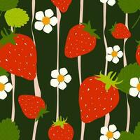 rot Erdbeeren mit Grün Blätter und Weiß Blumen auf ein dunkel Grün Hintergrund erstellen ein süß Sommer- nahtlos Muster. Vektor. vektor