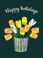 Lycklig högtider. bukett av blommor med på en mörk grön vertikal bakgrund. festlig vår kort. vektor. vektor