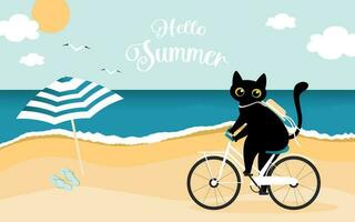 Hallo Sommer. ein süß schwarz Katze Fahrten ein Weiß Fahrrad und genießt das Anfang von Sommer- beim das Strand und Urlaub. nautisch Karikatur Postkarte. Vektor. vektor