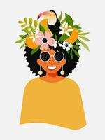 Porträt von ein schön afrikanisch amerikanisch Frau im modisch Brille mit Blumen, Orangen und ein Tukan auf ihr Kopf zum Innere Design, Urlaub exotisch Karten. Vektor. vektor