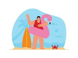kvinna med flamingo boj har roligt på de strand i sommar vektor