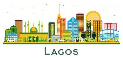 lagos nigeria city skyline mit farbigen gebäuden isoliert auf weiß. vektor