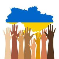 das Hände von Menschen von anders Nationalitäten Unterstützung Ukraine. Karte von Ukraine im National Torte Farben auf ein Weiß Hintergrund. Vektor. vektor