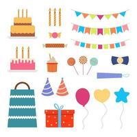 Sammlung von verschiedene festlich Elemente zum ein Geburtstag Party. vektor