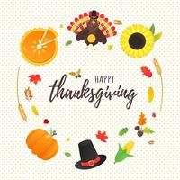 Happy Thanksgiving Day Flat Style Design Poster Vector Illustration mit Truthahn Herbstlaub Sonnenblumenmais und Kürbis Truthahn mit Hut und farbigen Federn feiern Feiertage