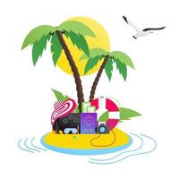 Zeit zu reisen Sommer Strand Urlaub Urlaub Poster oder Banner flachen Stil Design Vektor-Illustration Konzept isoliert weißen Hintergrund Text Insel Strand Hut Gepäck Koffer Pass Tickets Zeichen vektor