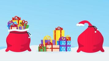 Neujahrs- oder Weihnachtsgeschenktüte voller Geschenke, Stapel Geschenkboxen vektor