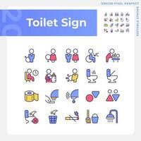 Toilette Zeichen Pixel perfekt rgb Farbe Symbole Satz. Öffentlichkeit Toilette Markierung Symbole. Wasser Wandschrank Räume Hygiene. isoliert Vektor Illustrationen. einfach gefüllt Linie Zeichnungen Sammlung. editierbar Schlaganfall