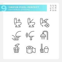 Öffentlichkeit Toiletten Bedienung Pixel perfekt linear Symbole Satz. Toiletten mit Regeln. Bequemlichkeiten zum Gäste. anpassbar dünn Linie Symbole. isoliert Vektor Gliederung Illustrationen. editierbar Schlaganfall