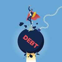 Super-Geschäftsmann-Punch knackte großes Schuldenball-Schuldenmanagement-Konzept vektor