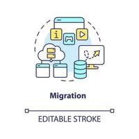 migration begrepp ikon. flytta hemsida data till ny plattform. digital integritet. cms abstrakt aning tunn linje illustration. isolerat översikt teckning. redigerbar stroke vektor