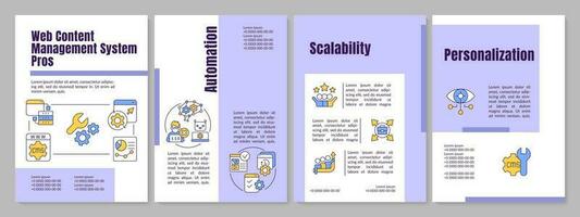 Netz Inhalt Verwaltung System Leistungen lila Broschüre Vorlage. cms Typ. Flugblatt Design mit linear Symbole. editierbar 4 Vektor Layouts zum Präsentation, jährlich Berichte