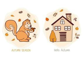 Herbst Hand gezeichnet mit Herbst Hütte und Eichhörnchen auf gemütlich Hintergrund Vektor