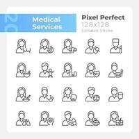 medizinisch Dienstleistungen Pixel perfekt linear Symbole Satz. Arzt Untersuchung. medizinisch Klinik und Krankenhaus Abteilungen. anpassbar dünn Linie Symbole. isoliert Vektor Gliederung Illustrationen. editierbar Schlaganfall