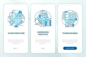 pris testning nyckel faktorer blå onboarding mobil app skärm. genomgång 3 steg redigerbar grafisk instruktioner med linjär begrepp. ui, ux, gui mall vektor