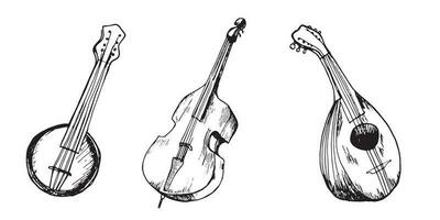 einstellen von Kontrabass, Mandoline, Banjo Musical Instrument Vektor Illustration isoliert. Orchester besaitet Instrumente Tinte gezeichnet. schwarz Weiß Element zum Design Verpackung, Postkarte, Broschüre, Einladung