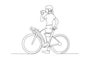 vektor kontinuerlig enda linje teckning av ung flicka cykel racer fokus tåg henne skicklighet på de gata väg cyklist begrepp karaktär kvinna