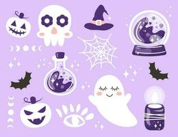 süß Halloween Clip Art. einstellen von Halloween Vektor Zeichen und Elemente - - Geist, Schädel, Kürbis Gesicht, Schläger, Hexe Hut, Magie Kristall Ball, Trank Flasche. Hand gezeichnet Karikatur kindisch Illustration