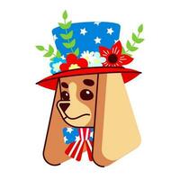 USA oberoende dag kort. vektor platt illustration av ett amerikan cockerspaniel spaniel bär en topp hatt i USA flagga färger.