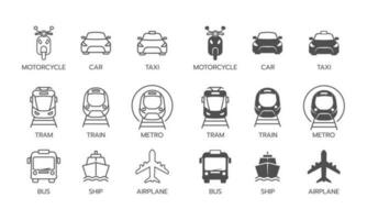 Silhouetten und Linie Symbole einstellen Transport. Zeichen zum Öffentlichkeit Transport Symbol. Vektor Illustration.