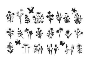 hand dragen skiss av blommor och insekter.svart silhuetter av örter, blommor och örter isolerat på en vit bakgrund.vektor illustration. vektor