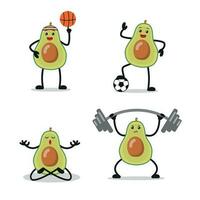 süß Avocado Ausbildung anders Sport Aktivität Pose Vektor Illustration.