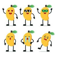 söt Lycklig mango ha på sig solglasögon karaktär annorlunda utgör aktivitet. frukt annorlunda ansikte uttryck vektor illustration uppsättning.