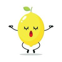 süß entspannen Zitrone Charakter. komisch Yoga Zitrone Karikatur Emoticon im eben Stil. Obst Emoji Meditation Vektor Illustration