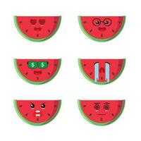 söt halv skiva vattenmelon karaktär annorlunda utgör aktivitet. rolig frukt annorlunda ansikte uttryck vektor illustration uppsättning.