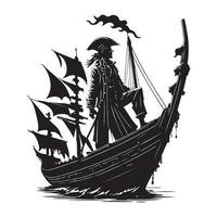 Pirat auf Schiff, Kapitän auf Boot schwarz Gliederung Vektor Illustration.