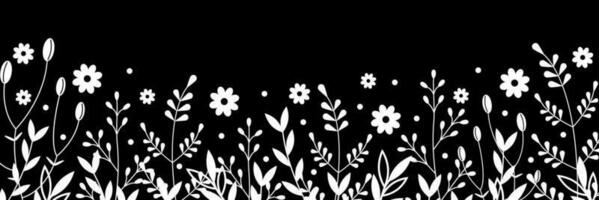 einfarbig Blumen- Grenze. Banner mit Zweige, Blätter und Blumen. Vektor Illustration. schwarz und Weiß botanisch Nacht Hintergrund.