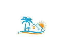 Landschaft Haus Schönheit Strand Aussicht Ferien Logo Design Illustration Vektor. vektor