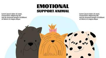 Landung Seite von emotional Unterstützung zum Tiere. Banner Design Vorlage. drei komisch Hunde Porträt. Vektor Illustration im ein eben Stil.