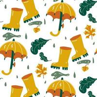 ein Muster von warm gemütlich Herbst Einzelheiten. Karikatur eben Vektor Illustration. bunt Elemente zum Ihre Design. warm Schattierungen. Herbst Elemente. Regenschirm, Herbst Laub, Pfützen, Stiefel, Regen