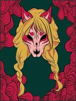 süß Kitsune Maske mit geflochten Haar Karikatur Stil Design isoliert Vektor Illustration