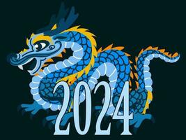 das asiatisch Blau Drachen ist Stehen Nächster zu 2024. das Inschrift war gemacht im das Chinesisch Jahr von das Drachen. glücklich Neu Jahr. Symbol 2024. Vektor Illustration von das hell Drachen Festival