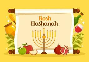 Lycklig rosh hashanah vektor illustration av jewish ny år Semester med äpple, granatäpple, honung och bi i platt tecknad serie hand dragen mallar