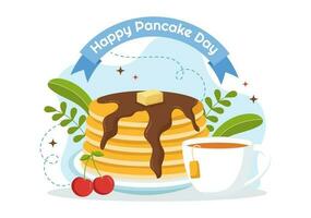 pannkaka dag vektor illustration en tallrik av pannkakor toppade med sirap, körsbär och blåbär i hemlagad bageri platt tecknad serie hand dragen mallar