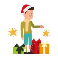 julfolk, glad pojke med santa hatt och presentaskar som firar säsongsfest vektor