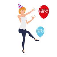 glückliche Frau tanzt mit Partyhut und Luftballons vektor