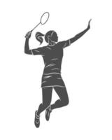 silhuett ung kvinna badmintonspelare hoppar med en racket på en vit bakgrundsvektorillustration vektor