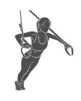 Silhouette junge sportliche Frau, die Liegestütze mit Trx-Fitnessgurten auf einer weißen Hintergrundvektorillustration macht vektor
